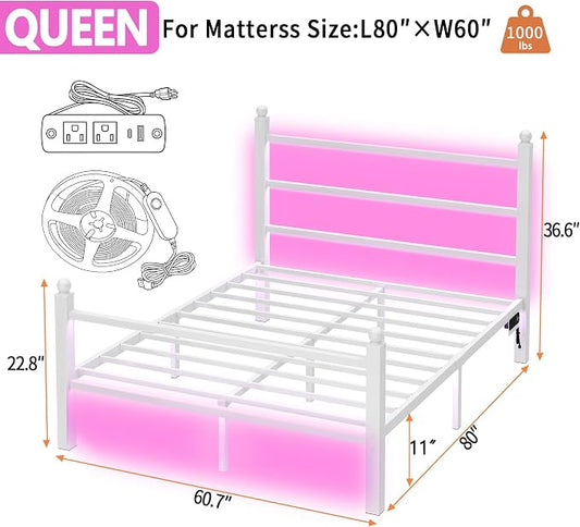 CLIBFENG Queen Size Bed Frame with Headboard and Footboard,Steel Slats Support-LED Bed Frame with USB Charging Station,Mattress Foundation-Under Bed Storage,No Box Spring Needed,Noise Free,White