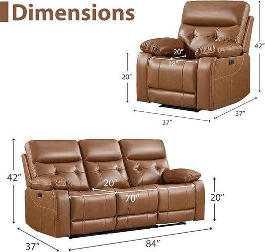 CANMOV Genuine Leather Power Recliner Sofa Set,Two Power Recliner Chair and Sofa Set, 3 Pieces Leather Couch with Hidden Cup Holders, USB Ports, for Living Room, Brown