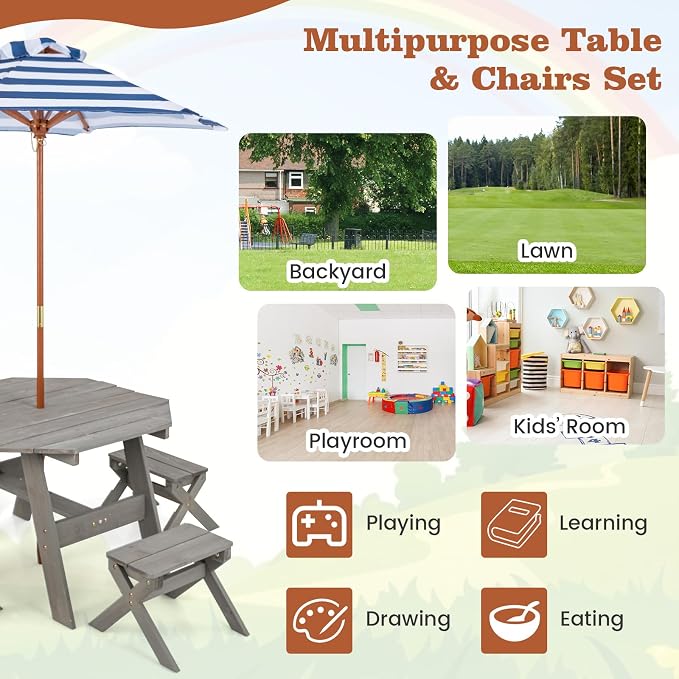 Costzon Kids Picnic Table, Fir Wood Octagon Kids Table and Chair Set with Removable Umbrella, Toddler Activity Table for Backyard, Garden, Patio, Kids Outdoor Furniture for Boys Girls (Grey)