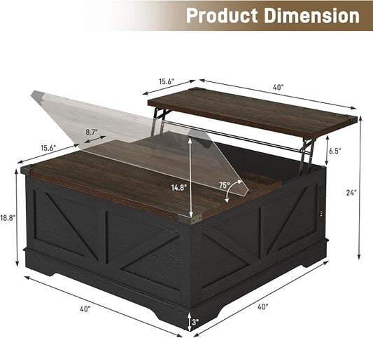 Hlivelood 40” Large Farmhouse Lift Top Coffee Table with Power Outlets and Large Hidden Storage, Square Wood Living Room Tables, Multi-Function Lift Wooden Barn Door Center Table, Black