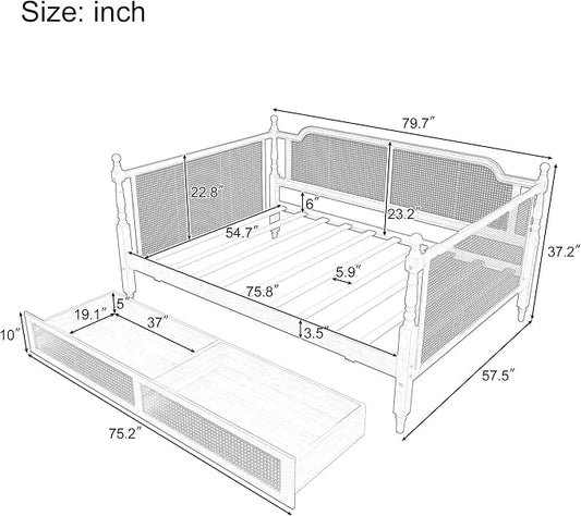 Merax Full Bedframe with 2 Storage Drawers & Footboard, Vintage Wooden Daybed Platform Bed with Natural Rattan Headboard, Noise-Free, No Box Spring Needed, Antique Walnut