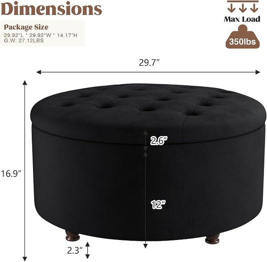 30 Inch Round Storage Ottoman,Modern Tufted Ottomans,Circular Coffee Table with Removable Top,Upholstered Large Ottoman with Storage Footrest Stool for Bedroom Living Room (Black)