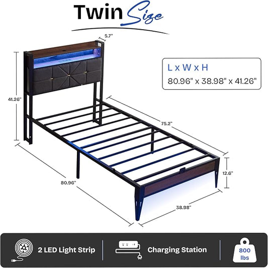 Twin Size Bed Frame with Headboard, Upholstered Platform Bed Frame with Charging Station, Dual LED Light Strips, 2-Tier Storage Shelves, Heavy Duty Metal frame, Noise-Free, No Box Spring Needed, Black