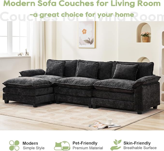 Oprisen 120" Modular Sectional Sofa, Comfy Cloud Couch Sectional Sofa with Ottoman, Chenille Sofa Sleeper Deep Seat Sofa with Throw Pillows for Living Room (Black, 120"- L Shape)