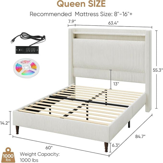 Queen Bed Frame with Tall Headboard, 55.3" Upholstered Platform Queen Size Bed Frame, Elegant Corduroy Wingback Bed with LED Lights & Charging Station, No Box Spring Needed, Solid Wood Slats, Cream