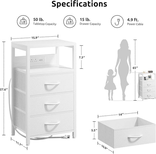 Lazzanto NightStand Bedside Charging Table Bedroom - White Night Stand with Charger Station, USB-C USB Ports & AC Outlets for Dorm, Modern End Table with Open Shelf & 3 Fabric Drawers