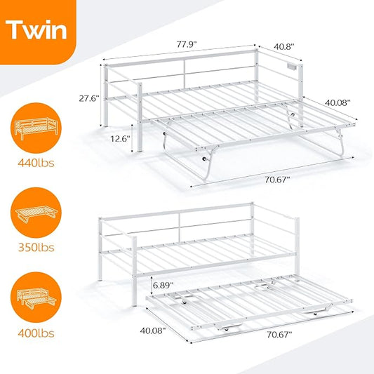 VINGLI Daybed with Trundle Twin, Metal Trundle Bed Frame with Pop Up Trundle Day Bed,Sofa Platform Bed with LED Lights and Charging Station,Pull Out Bed with Sturdy Steel Slats Support, White