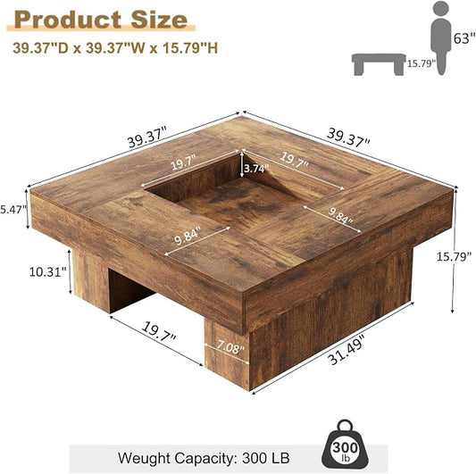 LVB Rustic Coffee Table, Large Wood Living Room Table with Storage, Modern Low Wide Square Led Center Table, Farmhouse Unique Tea Table with LED Light for bedroom Home Office, 39.37 Inch, Rustic Brown
