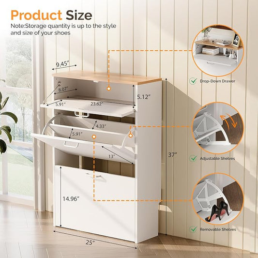 VINGLI Shoe Cabinet Storage for Entryway Ultra Slim with 2 Flip &1Drop-Down Drawers, 24.8" W Narrow Shoe Cabinet for Front Door Entrance,Freestanding Modern White Wood Shoes Organizer for Hallway