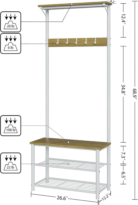 Hall Tree with Bench and Shoe Storage, 3-in-1 Coat Rack Shoe Bench, Freestanding Wooden Coat Rack with Metal Frame, 3-Tier Storage Shelf and 5 Removable Hooks, White