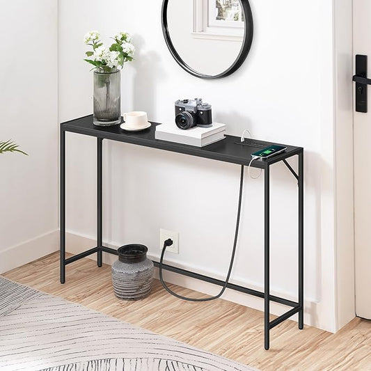 MAHANCRIS 43.7”Console Table with Outlet, Narrow Sofa Table with Charging Station, Entryway Table with Display Shelf, Behind Couch Table, Long Sofa Side Table, Living Room, Hallway, Black CTHB112E01