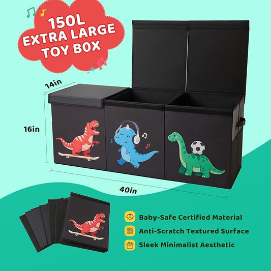 Extra Large Toy Box,150L Sturdy Dinosaur Collapsible Storage with Lid,40"x14"x16" Kids Storage Organizer,Chest Bin Baskets for Boys Girls,for Nursery,Bedroom,Playroom,Living Room,Toybox(Black)