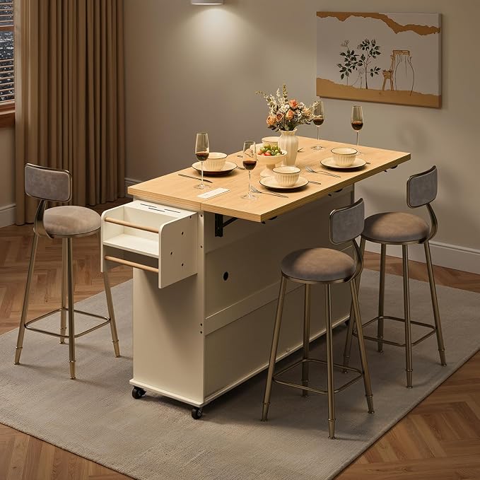 60.2" Kitchen Islands with Storage, Kitchen Island Cart with Trash Can Storage Cabinet, Rolling Kitchen Island Table with Drop Leaf & Power Outlet & Spice Rack & Towel Rack & Knife Holder, White