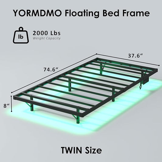 YORMDMO Floating Bed Frame Twin Size, Heavy Duty Bedframe with Smart LED Lights & Charging Station, Modern Metal Platform Bed, Easy Assembly No Box Spring Needed, 8 Inch