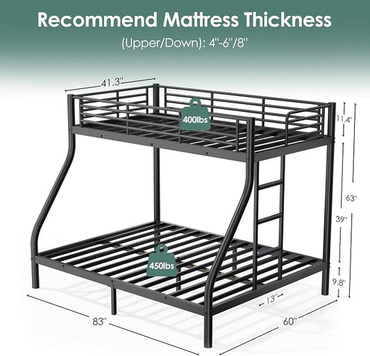 Twin XL Over Queen Bunk Bed Size, Heavy Duty Bunk Beds with Bottom Space & Guardrail Metal Bunk Bed Frame for Adults Dorm Bedroom Guest Room, No Box Spring Needed(Upgrate Black)