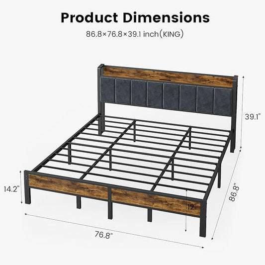 ALBERTO King Size Bed Frame with LED Lights, Upholstered Headboard with Storage and Charging Station, Metal Platform with Slats, No Box Spring Needed, Easy Assembly