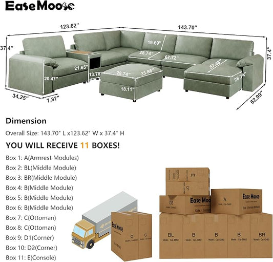 EASE MOOSE Faux Leather Sectional Couch with Console,Oversized Modular Sofa,Modern Comfy Modular Couch,Scratch Resistant Material Sofas,U Shaped Couch for Big Spaces,Green