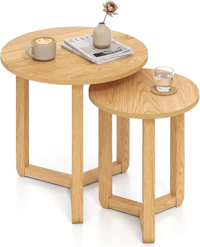 Giantex Round Nesting Coffee Table Set of 2, Wood Nesting End Tables with Thickened Top & Solid Rubber Wood Legs, Farmhouse Sofa Side Table for Small Spaces Living Room Bedroom (Natural)