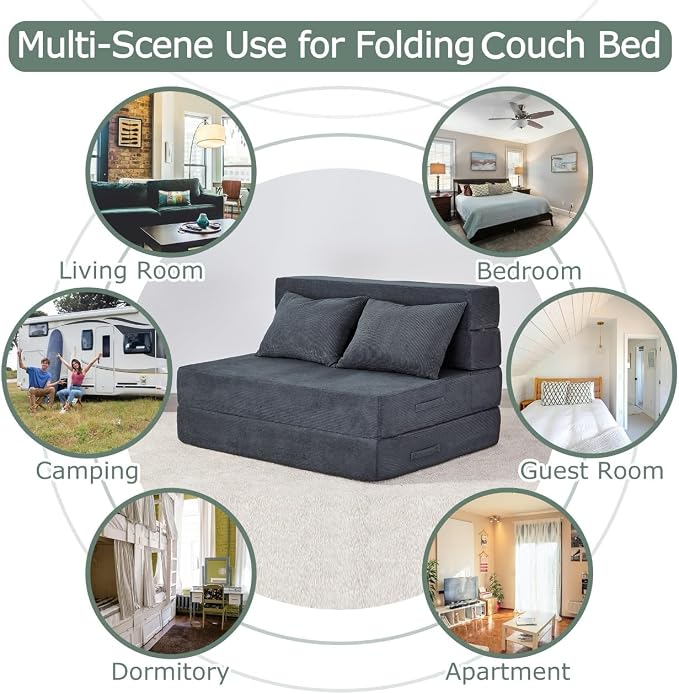 Folding Sofa Bed, 4 in 1 Convertible Sleeper Chair with Pillow, Twin Memory Foam Fold Out Chair Bed, Modern Floor Futon Sofa Couch Mattress for Living Room/Guest/Apartment, Dark Grey