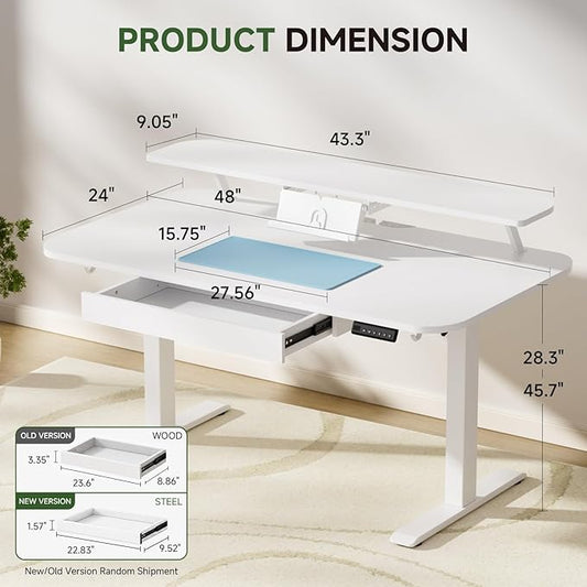 GTPLAYER Electric Standing Desk with Drawers, 48 x 24 Inches Height Adjustable Computer Desk with Monitor Stand, Laptop Stand, Sit Stand up Desk with Memory Preset for Home, Office, Ivory White