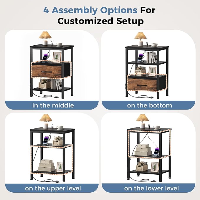 DUMOS 3-Tier Storage, Bed Side Tables with Wireless Charging Station, End Tables with Adjustable Fabric Drawers, Nightstand Set of 2, Modern Design, Black Rrown