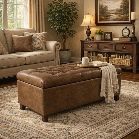 HomePop 40" Button Tufted Storage Bench - Distressed Brown Faux Leather
