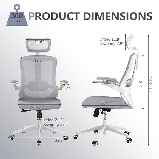 300 LBS Ergonomic Office Computer Mesh Chair - Adjustable Height Rolling Desk Chair with Flip-Up Armrests & High Back Support - Comfortable Swivel Task Chair for Home Office