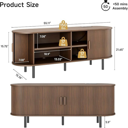 ONBRILL 55" TV Stand with Power Outlet for TVs up to 60 Inch, Entertainment Center with Storage and Adjustable Shelves, Modern Media Console with Sliding Doors for Living Room, Walnut