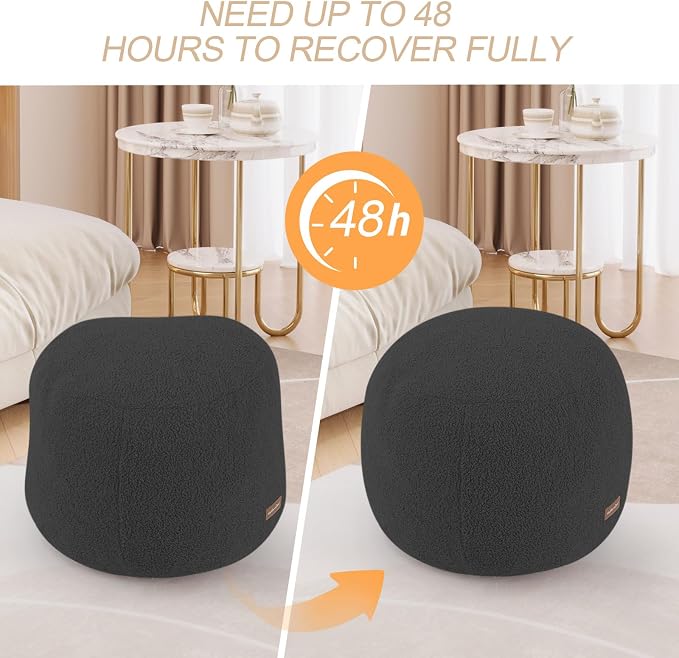 MeMoreCool Round Pouf Ottoman – 20x20x15 Inch Stuffed Footrest with Foam Filling, Dark Grey Small Circle Footstool for Living Room | Soft Teddy Fleece Cover | Washable Compact Floor Pouf