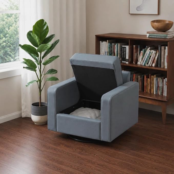 Aoiy & Wifon 33.6" W Swivel Accent Chair, Mid Century Modern Swivel Chair for Living Room, Comfy Small Accent Chair, PU Leather, Blue