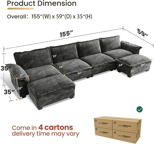 KKL U-Shaped Modular Sectional Sofa, 6 Seater Cloud Couch with Ottoman, Chenille Sectional Couches for Living Room, Apartment, Grey