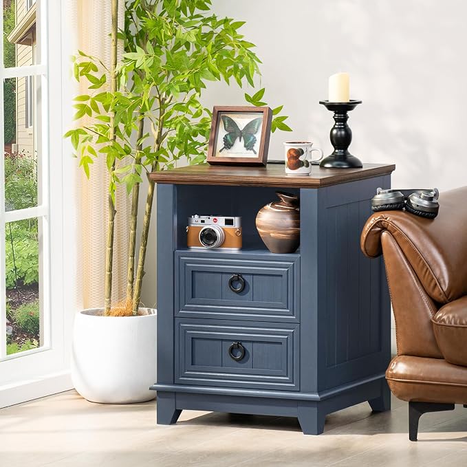 Joaxswe 18" Farmhouse Night Stands Set of 2 with Charging Station, 2 Drawers End Table Dresser for Bedroom, Blue Wooden Nightstand, Bed Side Table with Open Shelf, Bedside Cabinet for Living Room