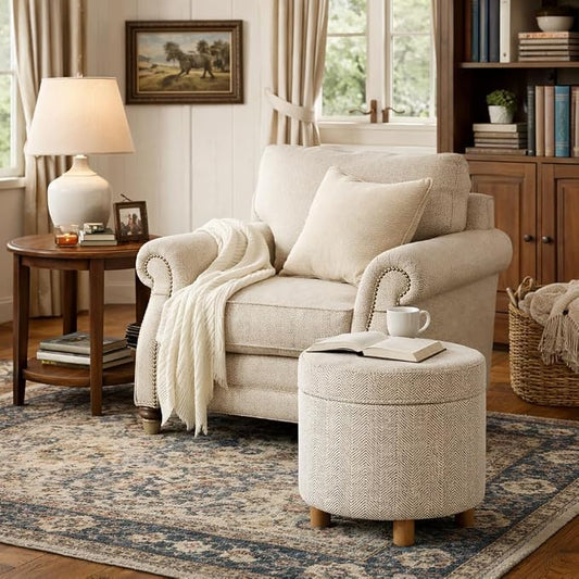 HomePop 19" Round Storage Ottoman - Cream Chevron Woven