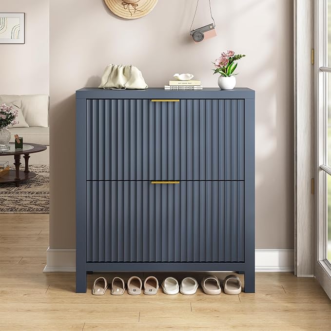 YOMILUVE Shoe Cabinet Storage for Entryway, Fluted Shoe Cabinet with 2 Flip Drawers, Hidden Shoe Rack Tall Freestanding Shoe Organizer with Legs for Hallway, Blue