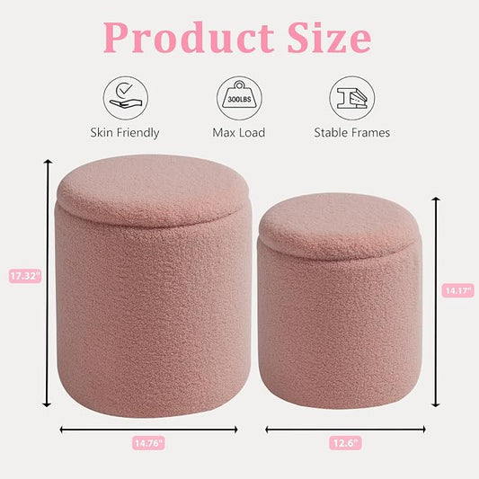 BLEXA Round Ottoman with Storage Set of 2 - Upholstered Sherpa Vanity Stool for Makeup Multifunctional Ottomans Coffee Table Padded Seat Foot Rest for Living Room & Bedroom (Sherpa Pink)