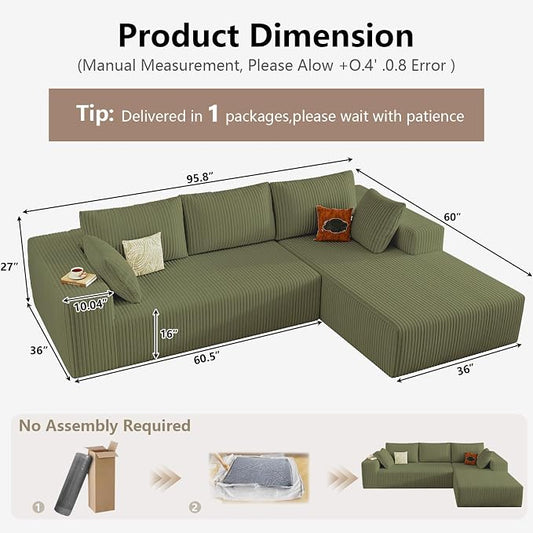 95" Cloud Sectional Couch with L-Shape Chaise, Modular Comfy Sofa Chaise Longue, Upholstered Corduroy Couches Sleeper with Deep Seat for Living Room Bedroom, No Assembly Required(Green, Right Facing)
