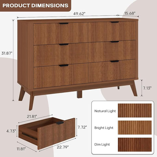 SUNWAVE 6 Drawer Dresser for Bedroom, 49.6" Wide Modern Fluted Dresser with Round Corner, Wood Chest of Drawers for Living Room (Walnut)