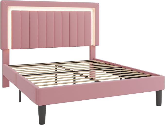 SHA CERLIN Queen Size Velvet Bed Frame with LED Light, Adjustable Vertical Channel Tufted Headboard, Strong Wooden Slats Support, Noise-Free, No Box Spring Needed, Pink