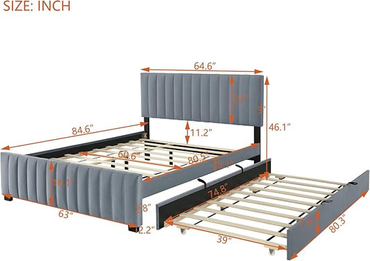 Ball & Cast Queen Bed Frame with Twin XL Size Trundle,Velvet Upholstered Platform Bed Frame Queen Size with Channel Tufted Headboard,Wood Slats Support,No Box Spring Needed,Easy Assembly,Gray