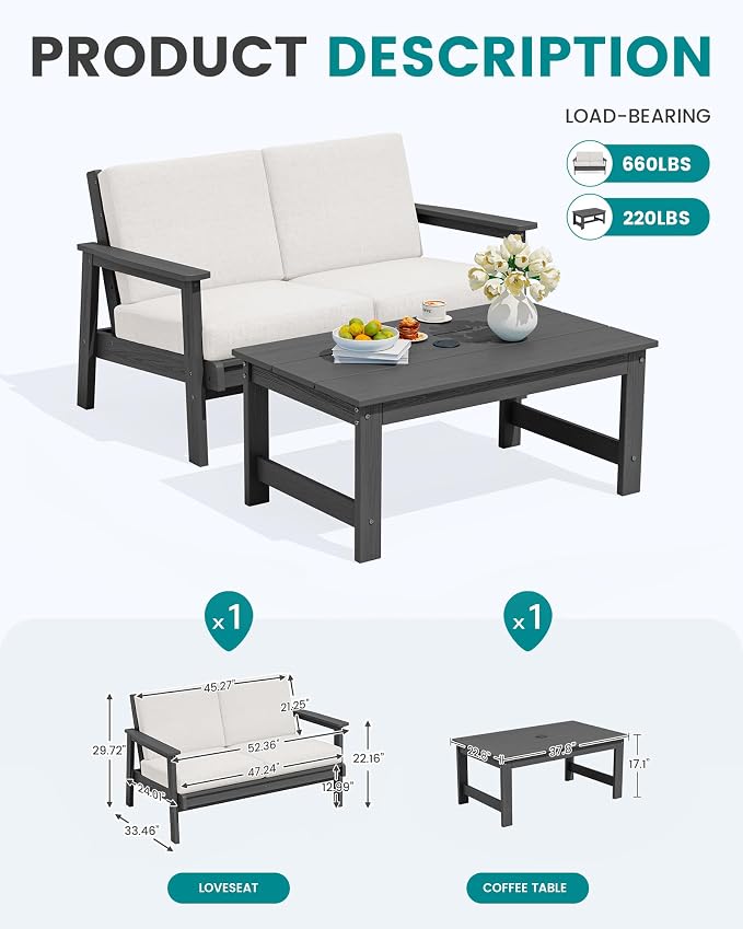 SERWALL Outdoor Loveseat, All-Weather HDPE Outdoor Furniture Set, Grey Frame and Khaki Cushion