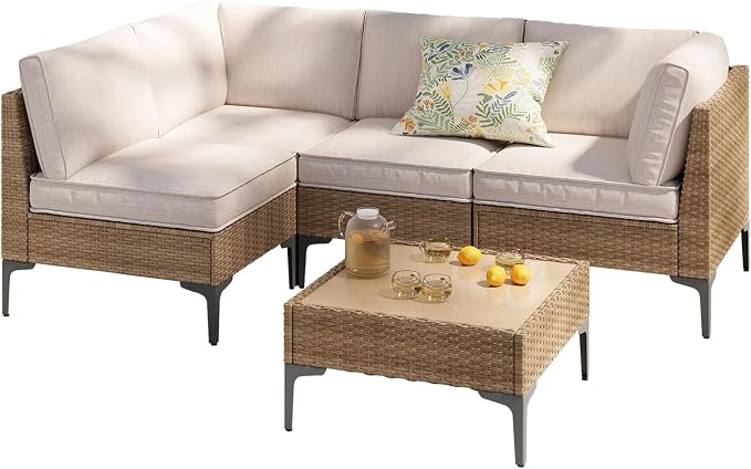 5-Piece Patio Furniture Set, Outdoor Wicker Sectional Sofa with Coffee Table, Anti-Slip & Thick All-Weather Cushions for Party, Garden, Backyard, Beige