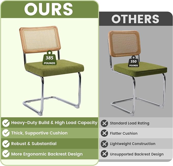 KROFEM Dining Chairs Set of 4,Modern Rattan Kitchen Chairs,Green | Mid Century Modern Design,Polished Chrome Frame,Upholstered Seat