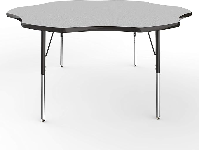 FDP Flower Activity School and Office Table (60 inch), Standard Legs with Swivel Glides for Collaborative Seating Environments, Adjustable Height 19-30 inches - Gray Top and Black Edge