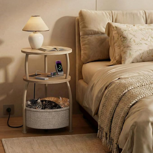 Round Side Table with Charging Station, USB Type C Port, Oak | End Table with Power Outlet,15.75 in Small Round Table with Basket, Space Saving, 3-Tier Small Table for Bedside, Sofa