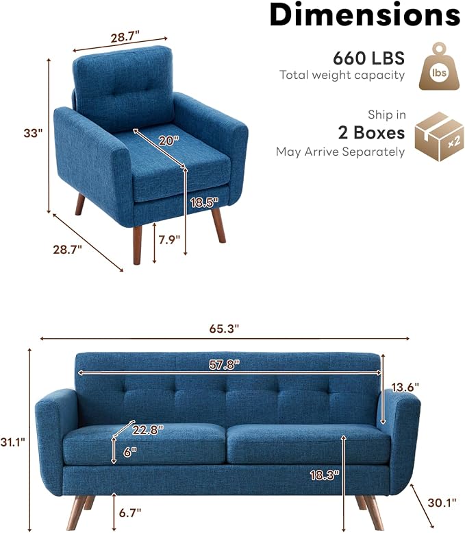 Tbfit Mid Century Modern Sofa Couch, Blue, Loveseat & Accent Chair | linen fabric