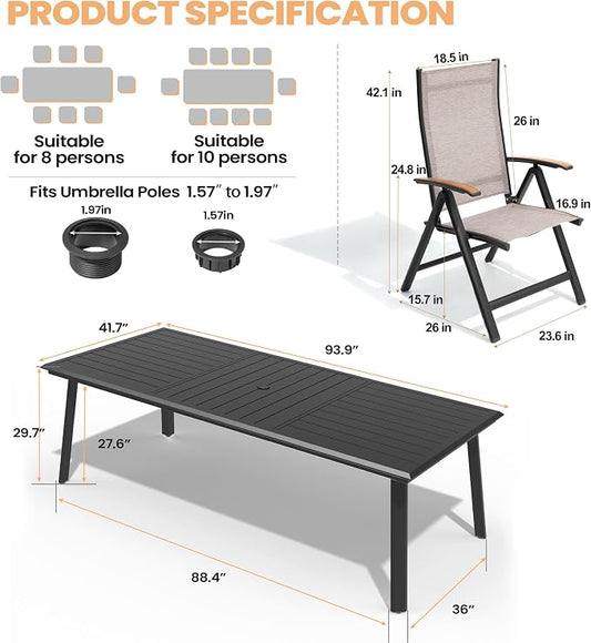Pellebant 11 Pieces Aluminum Patio Table and Chairs Set - 94" Rectangular Table and Foldable Chair Outdoor Dining Set with Umbrella Hole, Weather Resistant Sturdy Frame for Deck, Porch & Backyard