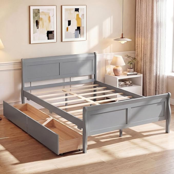 Giantex Full Bed Frame with 2 Storage Drawers, Wood Platform Bed with Headboard & Footboard, Wooden Slats Support Mattress Foundation, Sleigh Bedframe for Teens Adults, No Box Spring Needed (Grey)