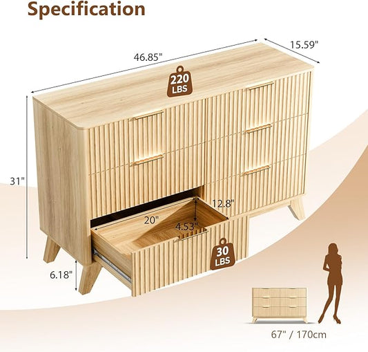 VINGLI Fluted Dresser for Bedroom, 6 Drawer Dresser w/Rounded Edges, Mid Century Modern Dressers Natural Wood Color, 46.8" W*15.6" D*31" H