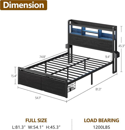 Furnulem Full Size Bed Frame with Wood Headboard, Metal Platform Bed Frame Full Size with 2 Storage Drawers and Shelf, LED Lights and Charging Station, No Box Spring Needed, Noise Free, Black