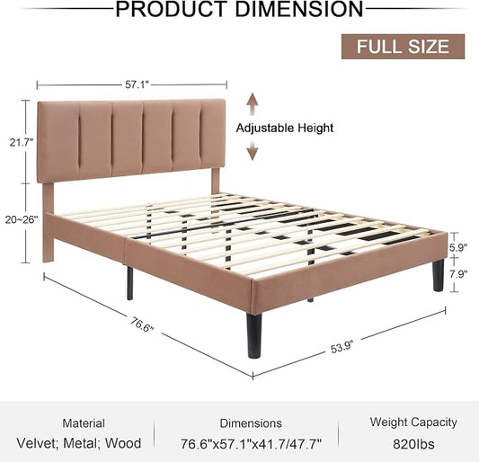 VECELO Full Size Bed Frame with Upholstered Headboard, Heavy-Duty Bedframe with Wooden Slats & Steel Framework, Easy Assembly, Coffee